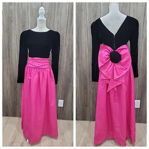 VTG Prom Formal Dress Black Velvet's Corset/ Pink Taffeta Skirtt/Big Bow - Picture 1 of 10