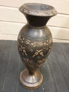 Vintage Vase Massivholz graviert florales Design H 24 cm T 8 cm - Bild 1 von 6