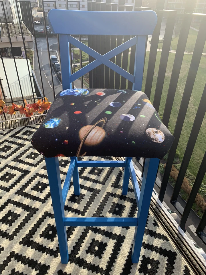 Upcycled Blue/Space Pattern Bar Stool - Image 1 of 4
