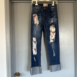 Pantalones de mezclilla Lucky & Blessed L&B talla 6 desgastados elásticos parches occidentales piernas rectas - Imagen 1 de 8