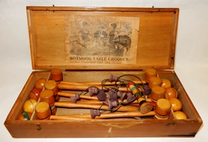 VINTAGE BOXWOOD TABLE CROQUET SET VICTORIAN MINI CROQUET SET IN ORIGINAL BOX - Picture 1 of 19