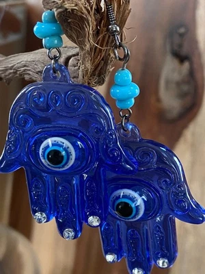 Acrylic Evil Eye Hamsa Earrings – A Blue Protection Amulet Jewelry - Image 1 of 4
