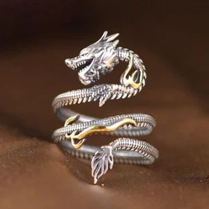 Solid 925 Sterling Silver Men Women Gift Lucky Carved Flame Dragon Ring Fashion - Picture 1 of 9
