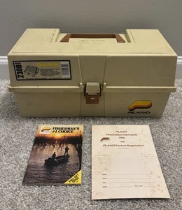 Vintage Plano 2300 3 Tiered Tackle Box Rugged Plastic Green Tan With Tackle - Picture 1 of 11