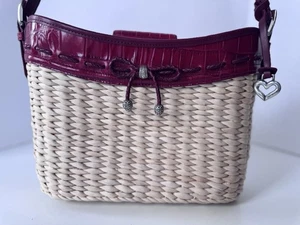 Brighton Red Leather and Weaved Shoulder Bag Purse Tote - Picture 1 of 15