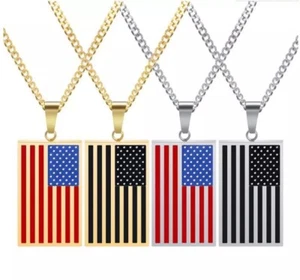 Men's Stainless Steel USA Flag Rectangle Dog Tag Pendant Necklace - Picture 1 of 18