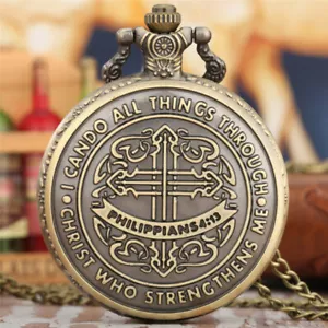 Philippians 4:13 Arabic Numerals Men Quartz Pocket Watch Necklace Chain Gift - Picture 1 of 9