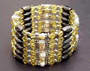 SALE 4-5mm Natural White Pearl with Yellow Crystal & Hematite 36'' Bracelet-363