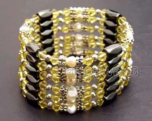 VENTA 4-5 mm Pulsera Perla Blanca Natural con Cristal Amarillo y Hematita 36""-363 - Imagen 1 de 5