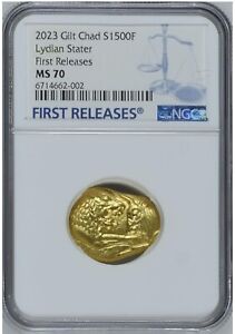 NGC MS70 FR 2023 Chad Lydian Lion and bull Stater Silver Coin 15g gilt