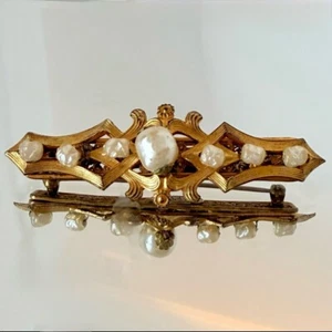 Vintage Miriam Haskell Faux Pearl Gold-Tone Baroque Style Brooch Pin - Picture 1 of 7