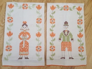 Vintage neu neuwertig handbestickt/Kreuzstich Mann & Frau Leinen Handtücher 26 x 15" - Bild 1 von 5