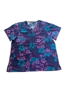 Tafford Purple Teal Floral Print 100% Cotton V Neck Scrub Top Small - Picture 1 of 2