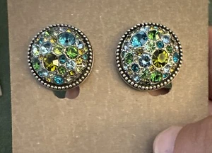 Patricia Locke Dome Clip Earrings Encrusted Green Blue Crystals NEW!! 2011 EC350 - Picture 1 of 3