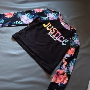 JUSTICE Black  Rash Guard Swim Shirt With Floral Long Sleeves Girls M (10) - Picture 1 of 4