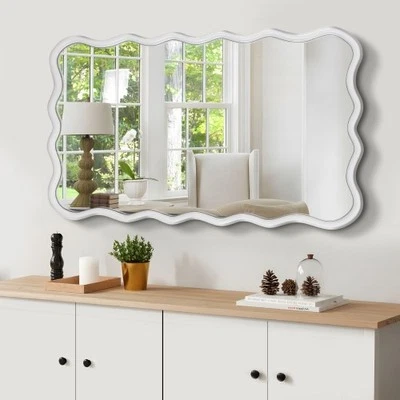 40"x28" Modern Solid Wood Wavy Rectangle Mirror Wall Decor For Bathroom Bedroom - Image 1 of 4