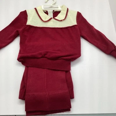 Vintage Knitissimo 4T 2 Piece Top and Pants Cream and Burgundy Zipper Collared - Image 1 of 4