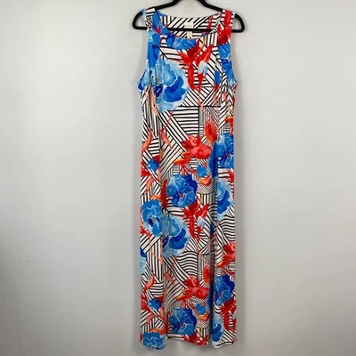 Chicos цветочный макси платье размер 2 США большой без рукавов черный белый красный синий разрез - Изображение 1 из 4