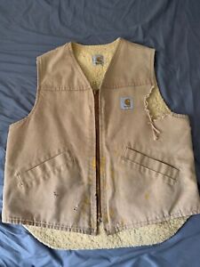 Vintage Carhartt Fleece Lined Vest Tan Distressed  Medium Very Old Y2K Damaged