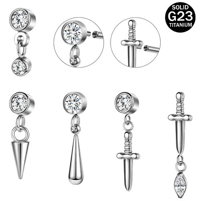 16g G23 Titanium Labret Lip Stud Drop Dangle Stud Earring Helix Tragus Piercing - Image 1 of 4
