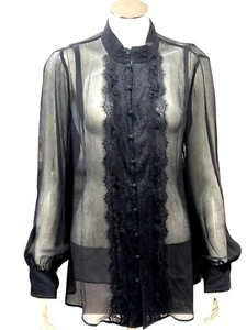 Chicos Black Sheer Silk Lace Button Up Blouse Long Sleeve Vintage Elegant Top 1 - Picture 1 of 10