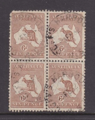 KANGAROO :  6d  BROWN   SM  WMK  BLOCK OF 4  USED NO CREASES!!!!!! JUST A ROUND. - Image 1 of 2