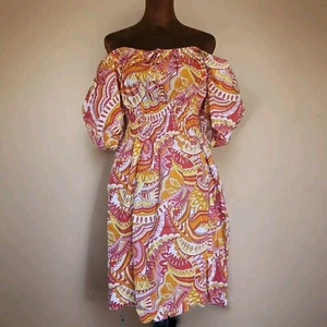 Chloe & Rene Kleid Größe 1X Baumwolle Puff Schulterfrei Paisley Orange Rosa - Bild 1 von 9