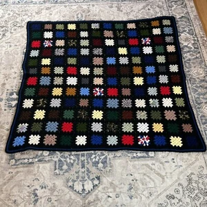 Vintage Afghan Granny Square Crochet 54 X 52 Blanket Roseanne Black Hand Made - Picture 1 of 3