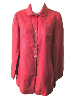 Tara Jarmon Paris long linen collar striped raspberry button jacket duster sz 36 - Image 1 of 4