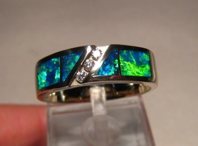 Anillo de diamantes de ópalo para hombre, oro blanco sólido de 14 k, talla 12, brillo B5 Foto 1 de 4