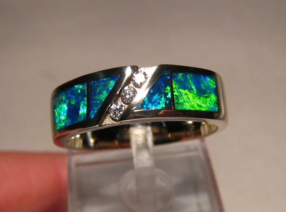 Men's  Opal  Diamond Ring , Solid 14 k White Gold ,  size 12 , B5 Brightness - Image 1 of 4