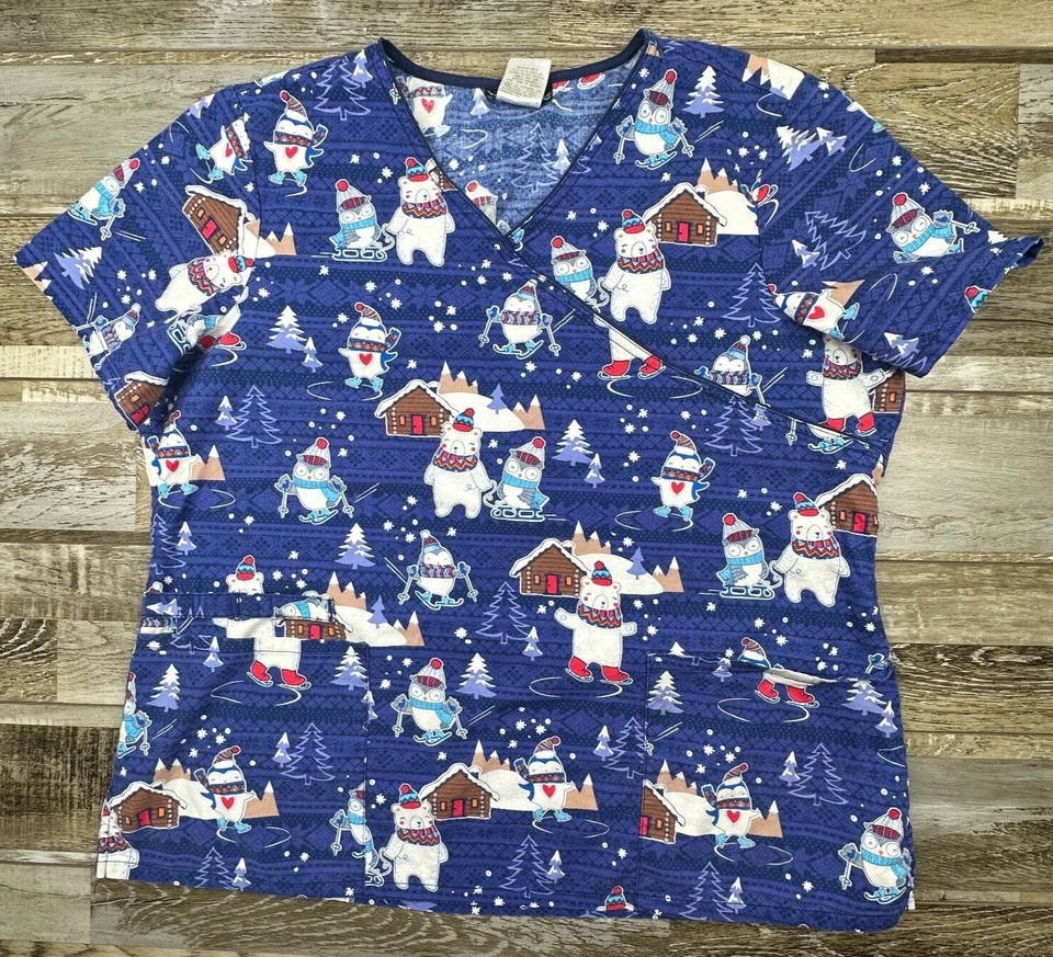 XL Cherokee Scrub Top Azul Navidad Osos Invierno Enfermera Médica Foto 1 de 4