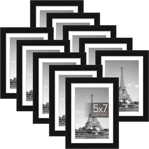 Set of 10 Picture Frames, 5x7 without Mat 4x6 with Mat for Wall Tabletop Display - Picture 1 of 7