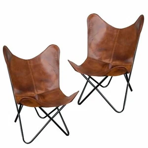 2PCS Retro Vintage Classic Tan Handmade Leather Butterfly Chair BKF Sleeper Seat - Picture 1 of 9