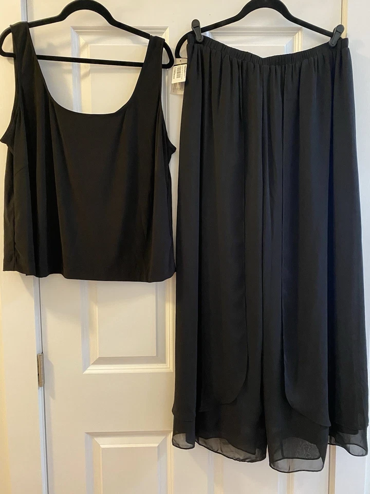 ALEX EVENINGS Womens Black Wide Leg Overlay Chiffon Pants &Sleeveless Top SET 2X - Image 1 of 4