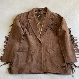 Blank Nyc Women Size Large Leather Fringe Chocolate City Coat Jacket Brown - Picture 1 of 11