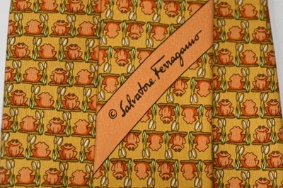 SALVATORE FERRAGAMO FROGS YELLOW SILK MEN'S Neck Tie W:3 3/4" BY L:60" - Image 1 of 4