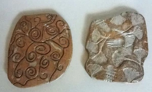 2 Handmade Art Tiles Plant Imprints / Curlicues Clay Painted OOAK Nature Themed - Picture 1 of 6