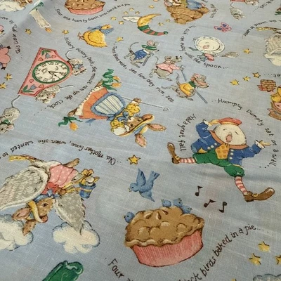 Blue Piglets Mice Rabbits Cotton Quilt Fabric Vintage Nursery Rhymes 1 yd - Image 1 of 4
