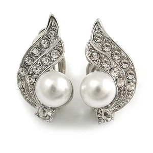 Clear Crystal Faux Pearl Leaf Clip On Earrings In Aged Silver Tone - 23mm L - Picture 1 of 6