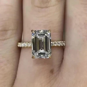 3Ct Emerald Cut GRA Certified Moissanite Engagement Ring 14k Yellow Gold Plated - Picture 1 of 12