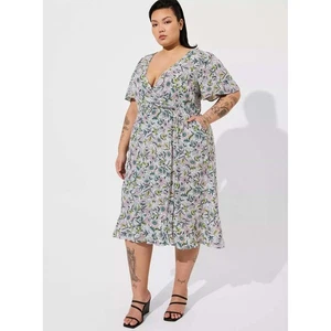 Torrid Swiss Dot Flutter Sleeve Midi Wrap Dress Plus Size 2X Floral Gray Casual - Picture 1 of 10