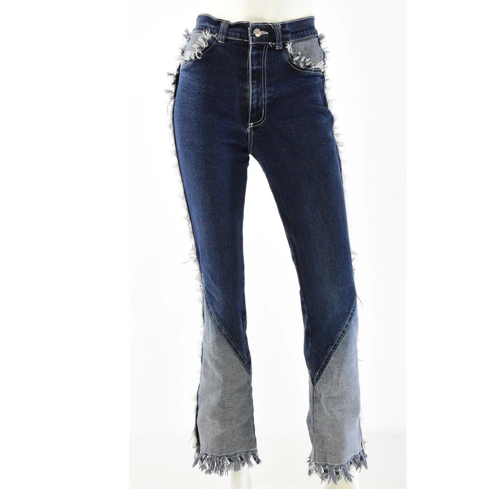 Pantalones de mezclilla occidentales vintage con flecos Y2K para mujer XS 2 retazos pierna acampanada ropa de club boho Foto 1 de 4