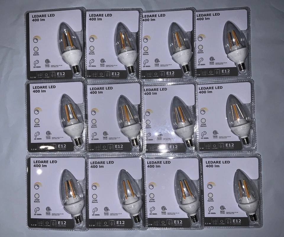 Set of 12 IKEA LEDARE LED Bulb E12 400 Lumen Warm Dimming Chandelier Clear 5.3W - Image 1 of 1
