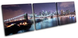 NYC Brooklyn Bridge City TREBLE CANVAS WALL ART Picture Print VA - Picture 1 of 1
