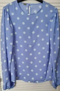 Damen gepunktet blau Puffärmel gewebte Baumwolle Langarm Bluse/Top Größe 8-18 - Bild 1 von 6