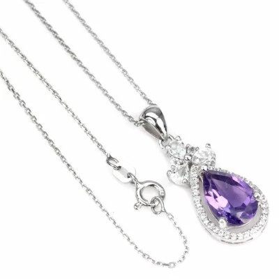 925 Argento Sterling Collana Pera Ametista 12x8mm Topazio Bianco 45.7cm - Immagine 1 di 4