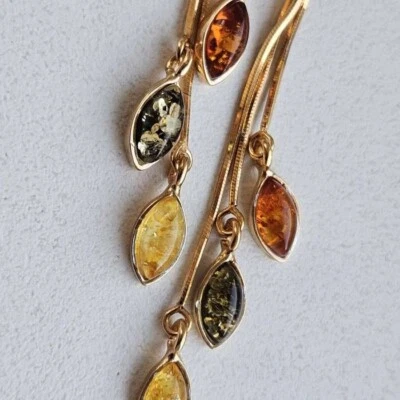 Lange bernstein ohrringe gold und edelstein schmuck Tricolor Ohrhänger geschenk - Bild 1 von 4