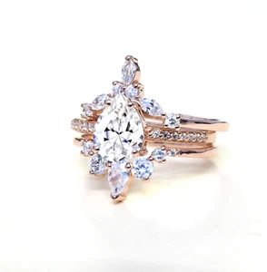 Birnenform 925 Sterling Silber Moissanit 3 Stück Ring Set 14K vergoldet Ring - Bild 1 von 8