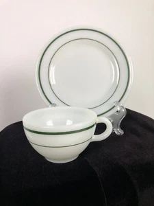 Corning Decor Restaurant Ware Green Stripe Coffee Cup & Salad/Dessert Plate Vtg - Picture 1 of 10